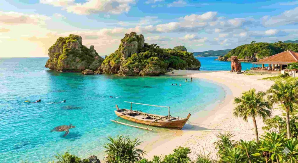 A vibrant tropical beach scene featuring a sea turtle swimming in transparent turquoise water near the shore. On the white sand sits a traditional wooden boat, while a large Shisa statue guards a red-roofed pavilion in the background amidst palm trees and rock formations.