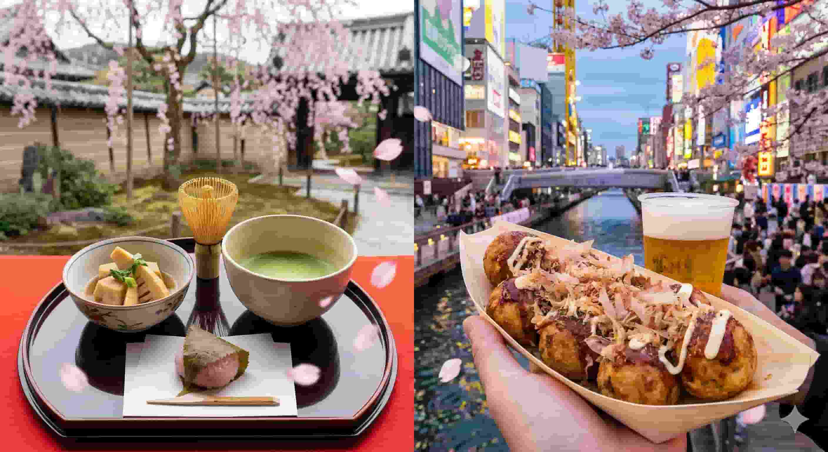 Split composition: Traditional Kyoto spring cuisine featuring matcha and bamboo shoots in a temple garden versus Osaka street food Takoyaki and beer along the neon Dotonbori canal during cherry blossom season.