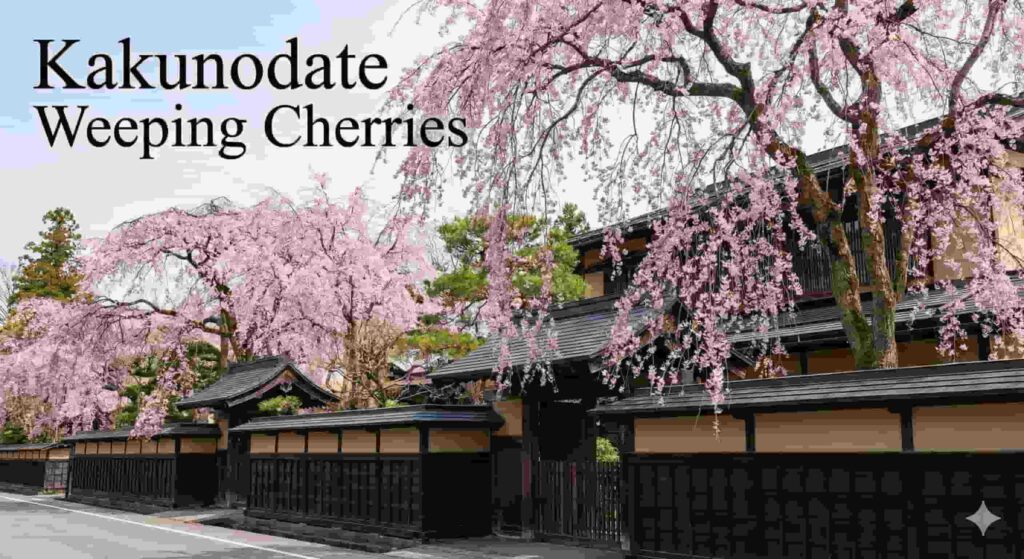 Weeping cherry trees hanging over black samurai residence walls in Kakunodate.
