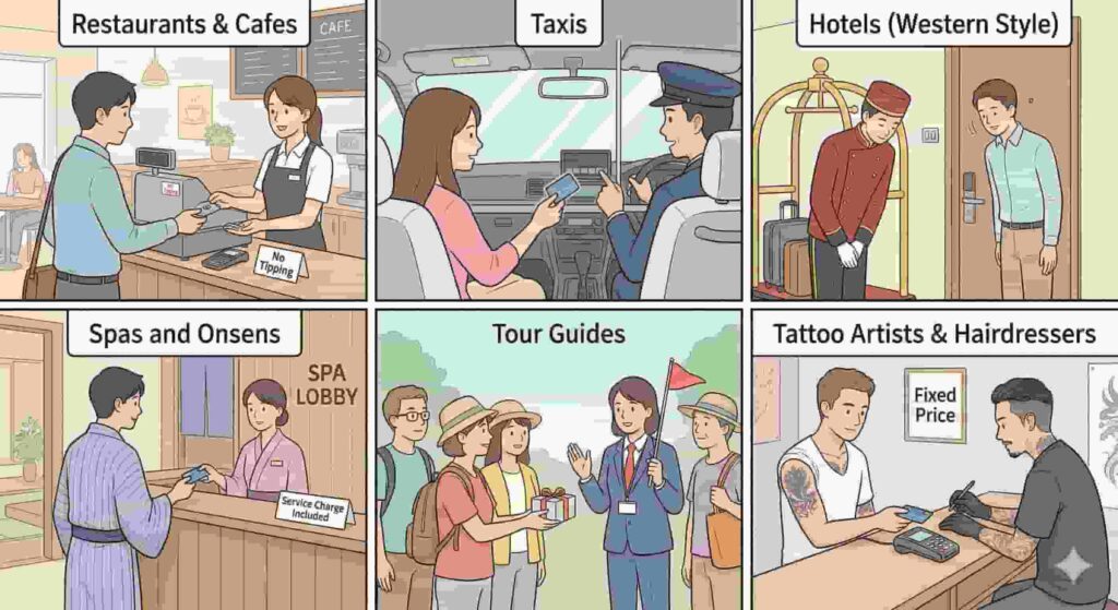 A six-panel illustration showing various service situations in Japan where tipping is not required. The panels are titled "Restaurants & Cafes," "Taxis," "Hotels (Western Style)," "Spas and Onsens," "Tour Guides," and "Tattoo Artists & Hairdressers." In each scenario, customers are shown paying the exact amount, receiving change, or interacting with staff without exchanging a cash tip, often with signs like "No Tipping" or "Fixed Price" visible.