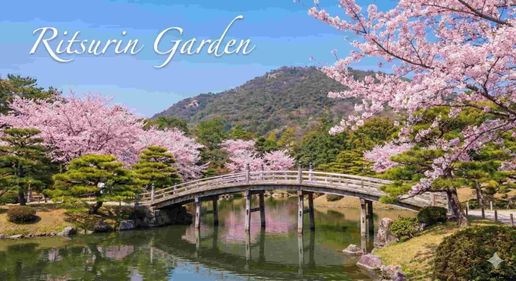 A pond in Ritsurin Garden reflecting cherry blossoms and manicured pine trees.