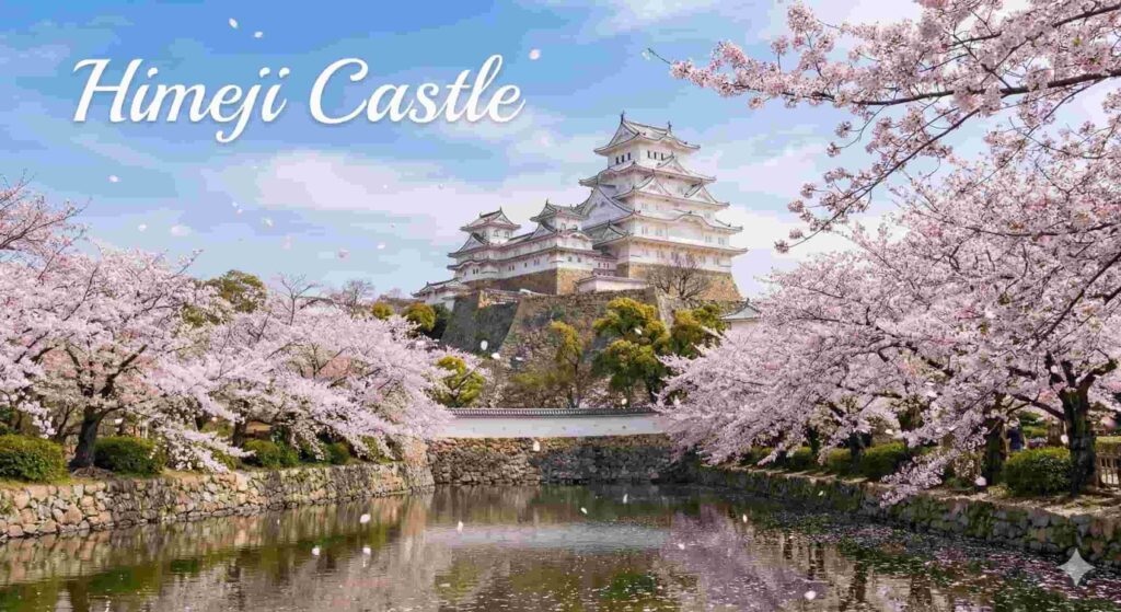 The white heron Himeji Castle surrounded by a sea of white and pink cherry blossoms.