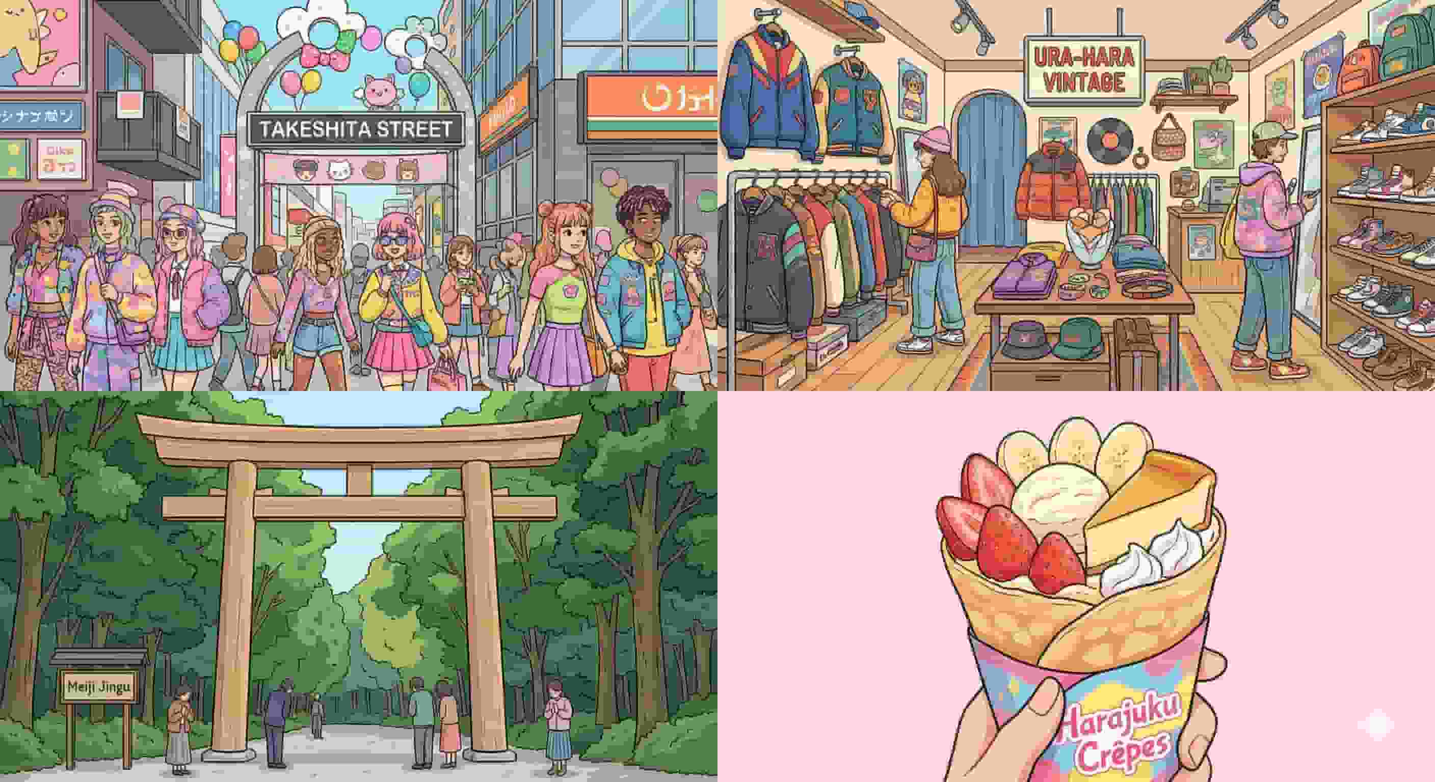 A four-panel illustration collage depicting iconic Harajuku scenes: a crowded entrance to Takeshita Street with diverse fashion, the interior of a trendy Ura-Hara vintage clothing shop, the massive wooden torii gate at the serene Meiji Jingu Shrine, and a close-up of a hand holding a decadent Harajuku-style crêpe topped with cheesecake and strawberries.