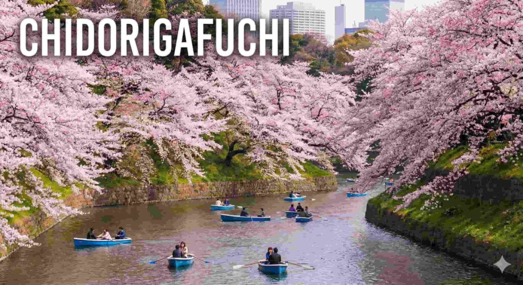 Lush cherry blossom trees hanging over the Chidorigafuchi Moat with small rental boats rowing on the calm water.