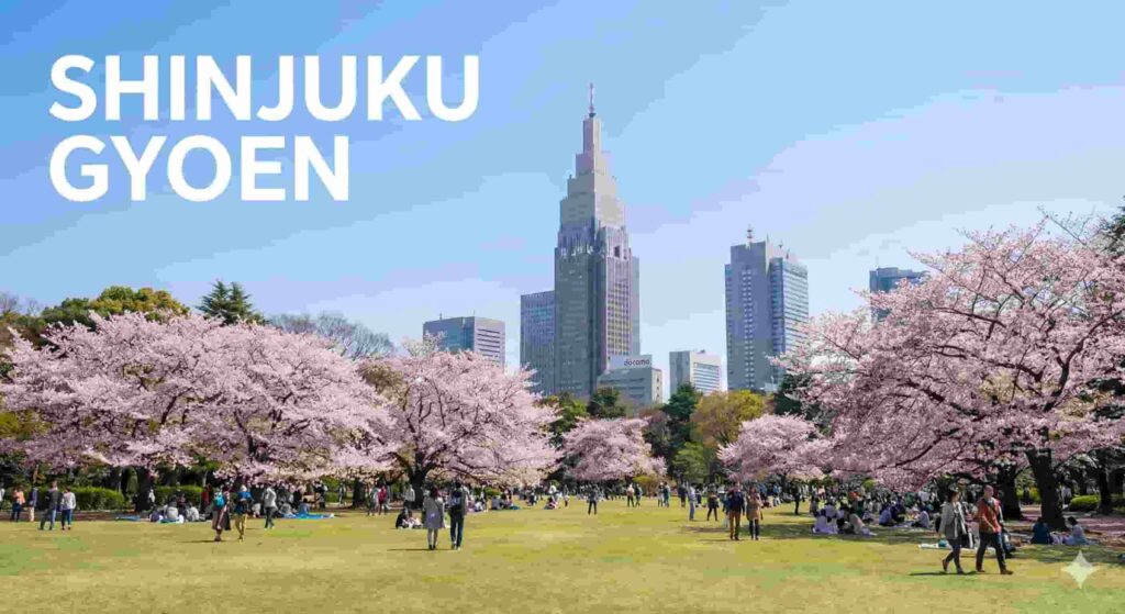 A wide green lawn at Shinjuku Gyoen National Garden filled with blooming cherry trees and people picnicking, with Shinjuku skyscrapers in the distance.