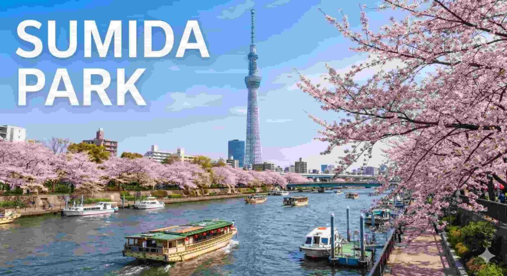 The Sumida River lined with cherry blossom trees, featuring traditional Yakatabune boats on the water and the Tokyo Skytree in the background.