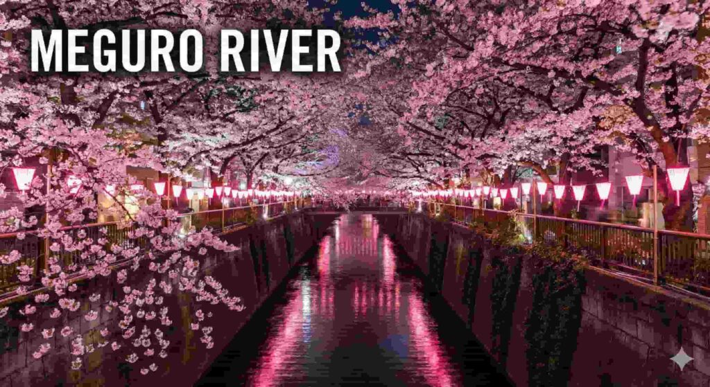 Night view of the Meguro River canal with cherry blossom branches forming an arch over the water, illuminated by pink glowing lanterns.