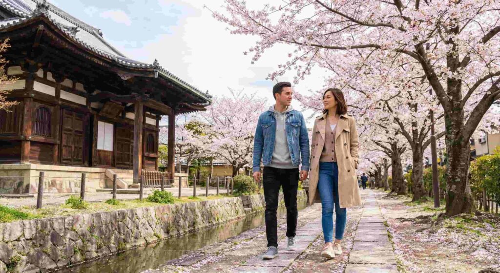 Travelers walking along a stone path in Kyoto under blooming cherry blossoms, wearing trench coats and light layers for pleasant April spring weather.