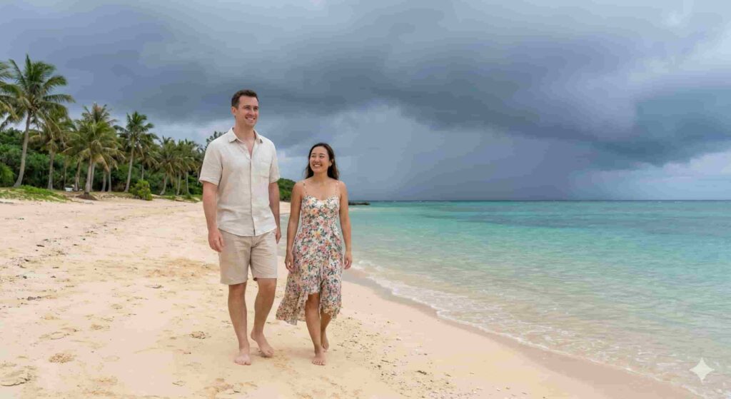 Couple walking on a sandy beach in Okinawa wearing summer shorts and a dress, with dark rain clouds in the background indicating the start of the rainy season in May.