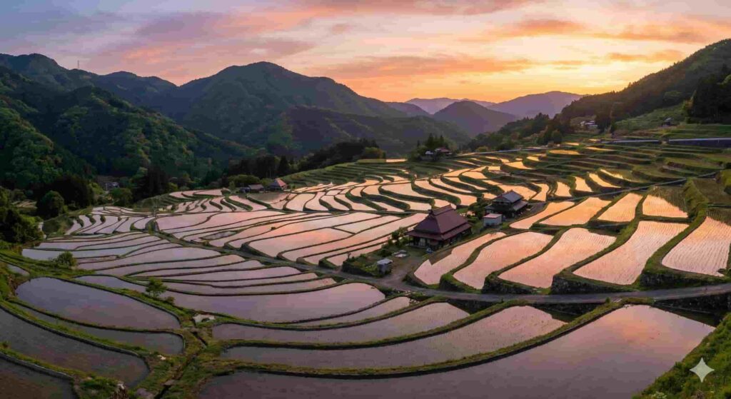 Water-filled Maruyama Senmaida rice terraces (Tanada) in Mie Prefecture, Japan, reflecting the orange and pink sunset sky during the spring planting season.