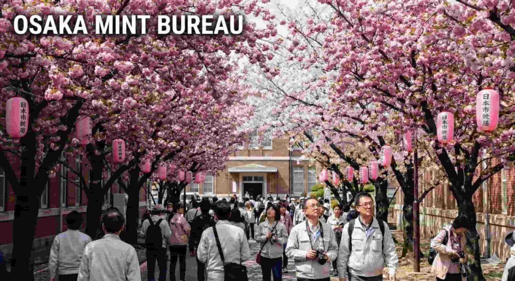 Crowds of people walking through a tunnel of rich pink Yaezakura (double-flowered cherry blossoms) at the Osaka Mint Bureau, with traditional paper lanterns hanging from the trees and the text "OSAKA MINT BUREAU" in the top left.