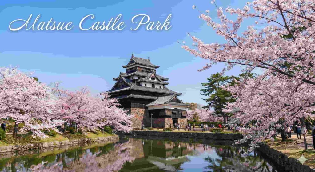 Matsue Castle tower surrounded by cherry blossoms and green pine trees.