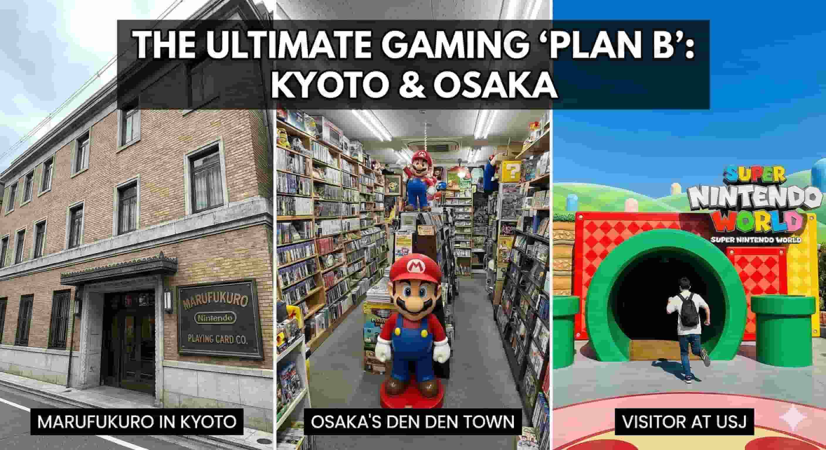A three-panel collage image summarizing the "Nintendo Museum alternative" itinerary with a banner title reading "THE ULTIMATE GAMING 'PLAN B': KYOTO & OSAKA." The left panel shows the former Nintendo HQ (Marufukuro) in Kyoto; the middle panel shows a cluttered retro game shop in Osaka's Den Den Town with Mario statues; the right panel shows a visitor running into the green warp pipe entrance of Super Nintendo World at Universal Studios Japan.