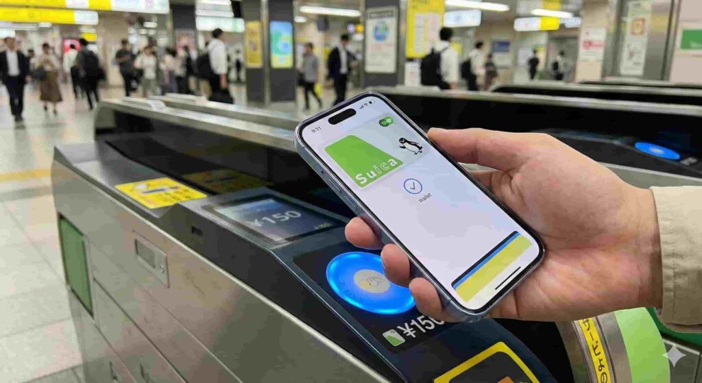 Close-up of a hand holding an iPhone with an active Suica card in Apple Wallet, tapping a blue glowing train ticket gate reader in a Tokyo station.
