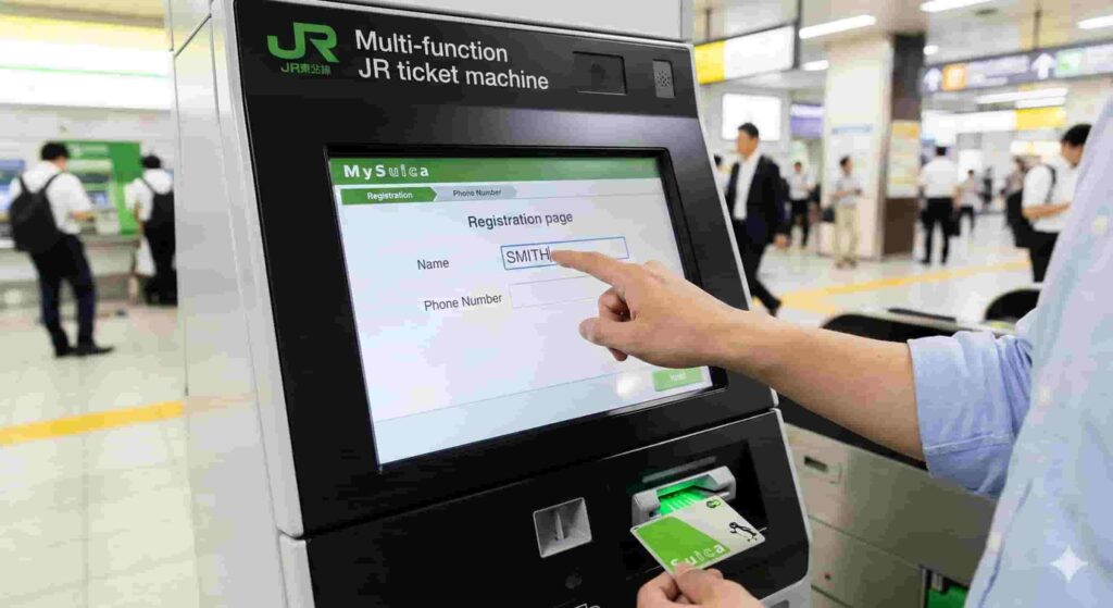 A person's hand is entering a name on the touchscreen of a black JR ticket machine to register a "MySuica" card. A green Suica card is being dispensed from the slot below.