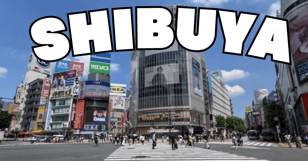 A photograph of the Shibuya Crossing in Tokyo, with large white text that reads "SHIBUYA" superimposed across the top.