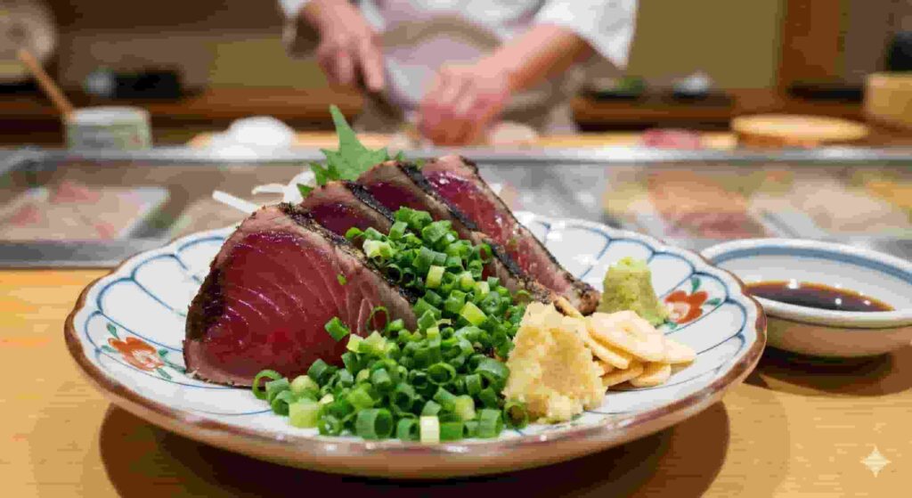 Seared Hatsugatsuo (spring bonito tataki) topped with generous green onions and garlic chips served at a Tokyo sushi counter.