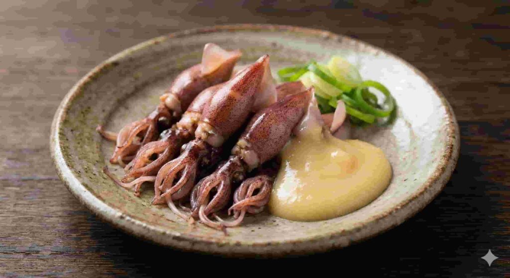 Boiled Hotaru Ika (firefly squid) served with a dollop of yellow sumiso (mustard-miso sauce) on a rustic ceramic plate.