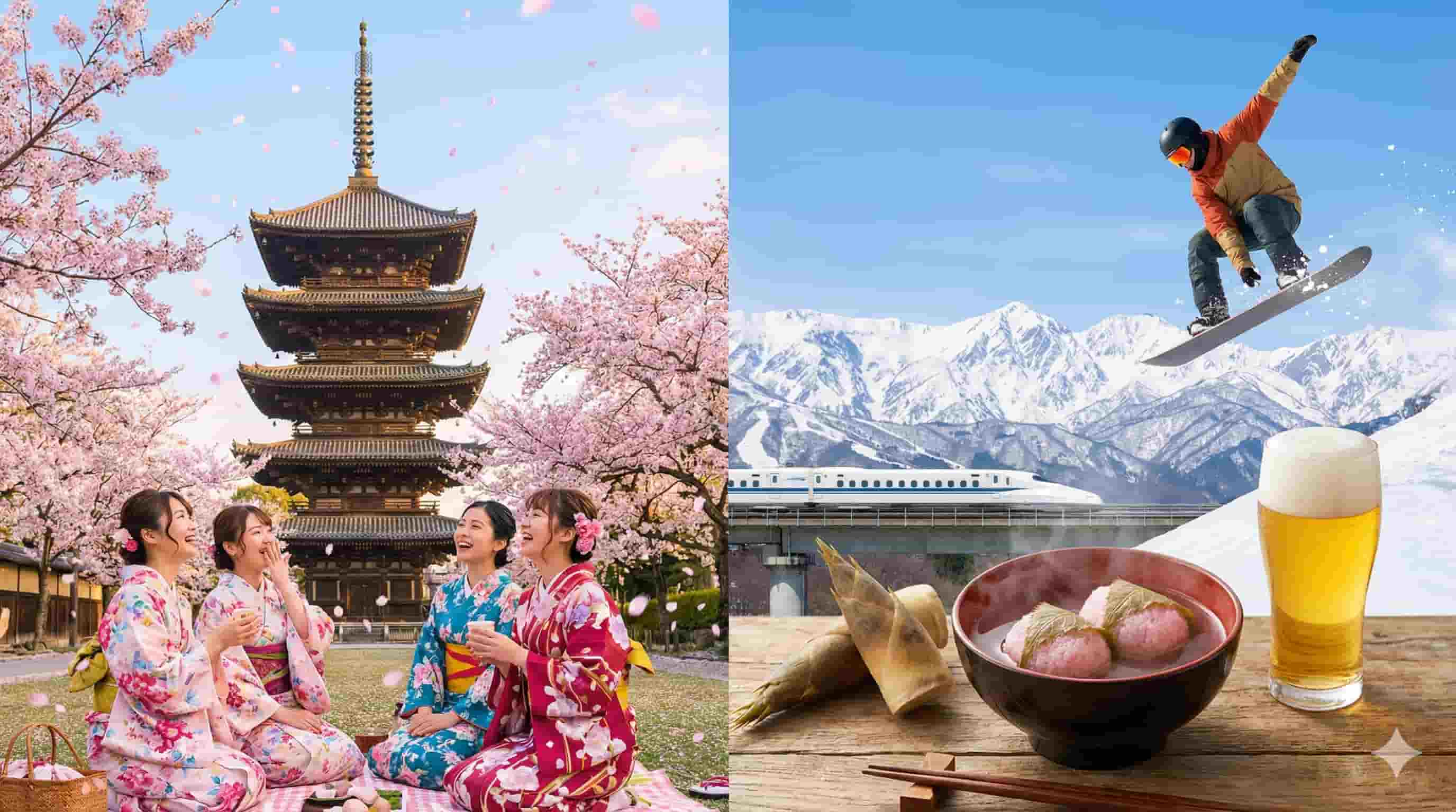 Split view of Spring in Japan 2026 contrasting Cherry Blossoms in Kyoto with Spring Skiing in Hokkaido, featuring traditional kimonos, seasonal sakura mochi, and a Shinkansen bullet train.