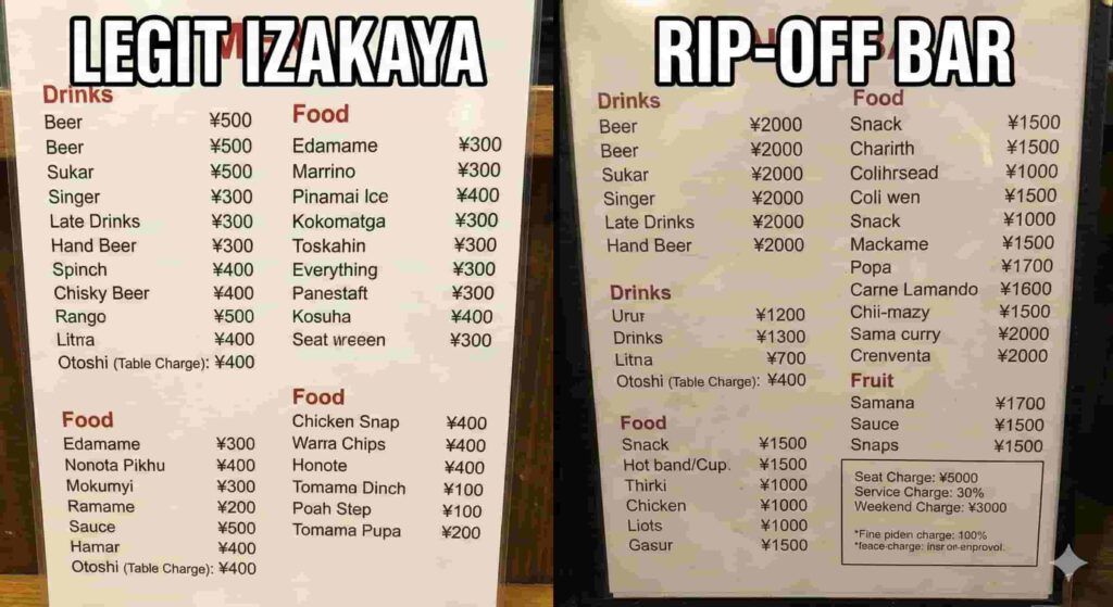 A side-by-side comparison of a legitimate Japanese izakaya menu with clear, low prices and a "bottakuri" rip-off bar menu showing inflated drink prices and massive hidden charges.