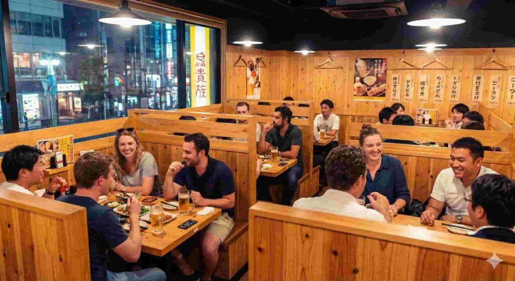 The interior of a busy, brightly lit Japanese chain izakaya, like Torikizoku, with happy tourists and locals enjoying food and drinks in wooden booths.