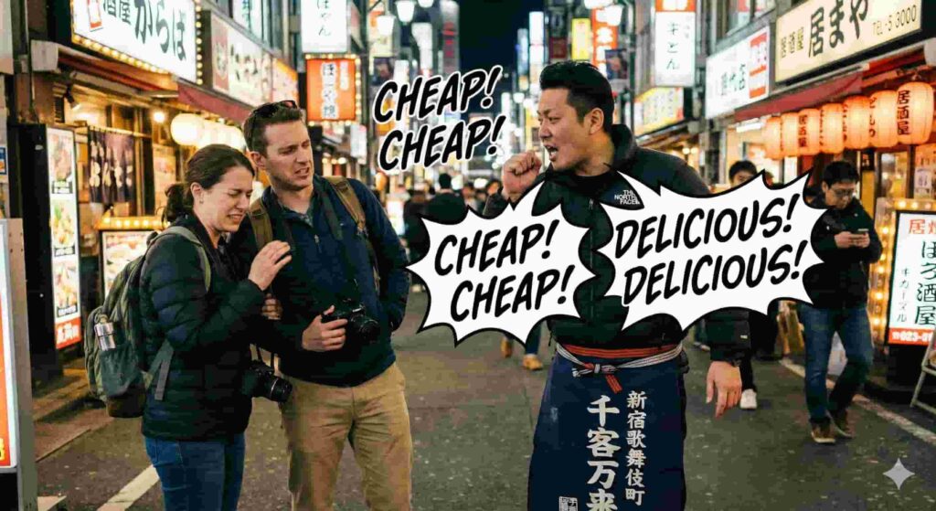 A Japanese man, possibly a restaurant staff member or street tout, is aggressively yelling "CHEAP! CHEAP! DELICIOUS! DELICIOUS!" at a foreign couple in a busy, neon-lit street in Tokyo at night. The couple, a man and a woman with cameras, look uncomfortable and distressed by the encounter.