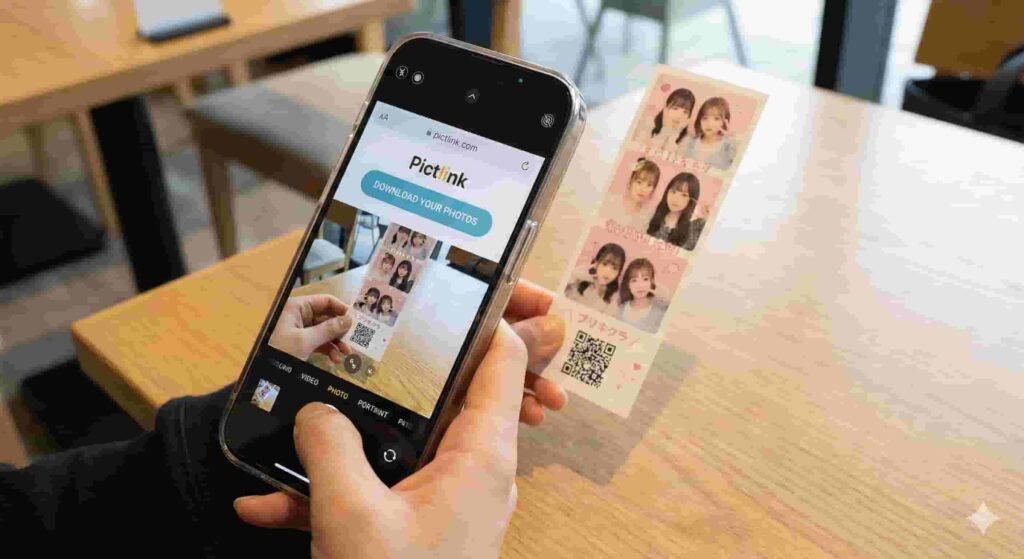 Scanning QR code on Purikura strip to download photos
