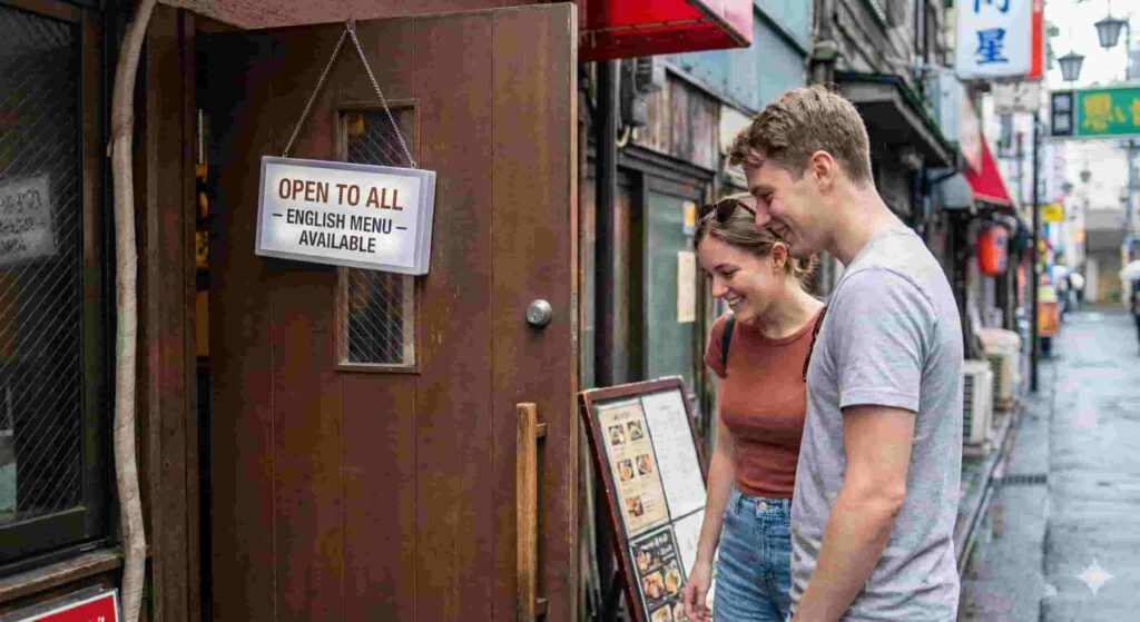 Tourists entering a welcoming bar in Golden Gai with an "Open to All" and "English Menu Available" sign on the door.