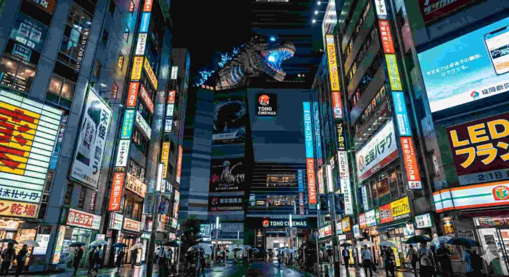 Godzilla head statue on top of Toho Cinemas Shinjuku