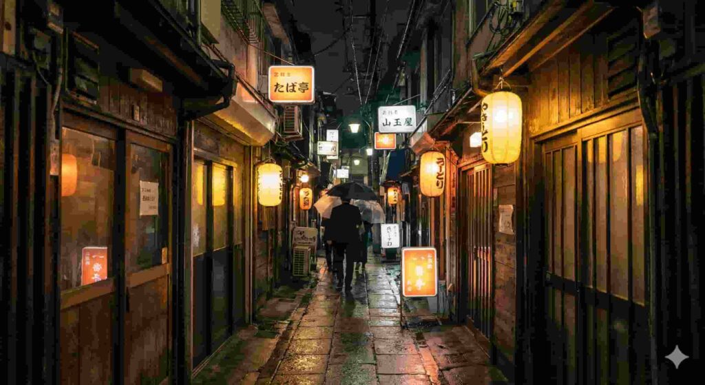 Narrow alleyways of Golden Gai Shinjuku with lanterns