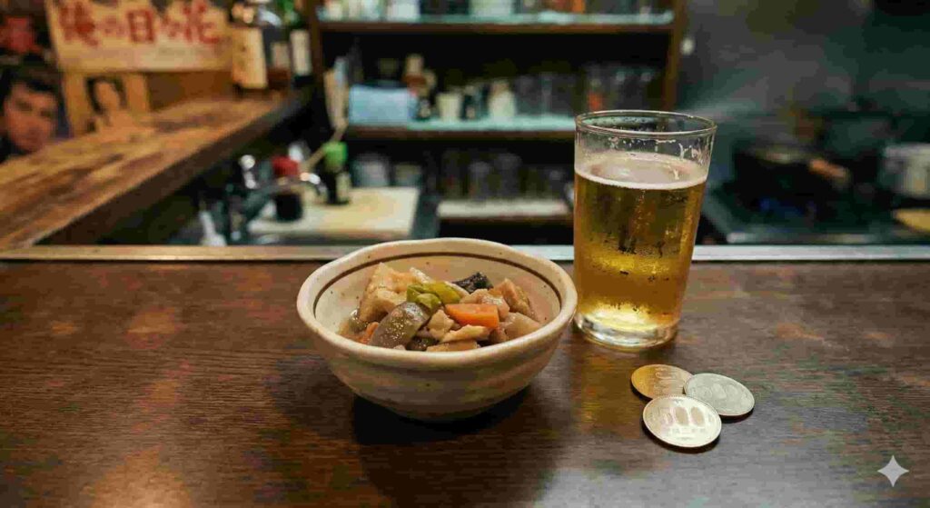 A small Japanese Otoshi appetizer bowl next to a beer and 500 yen coins on a bar counter, explaining the seating fee.