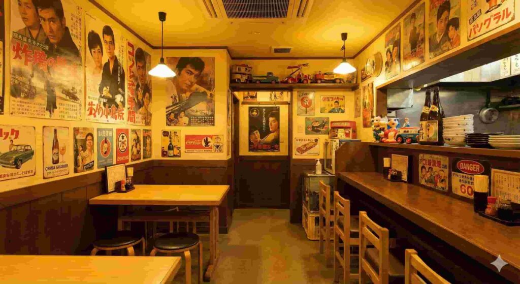 The interior of Hanbey izakaya, decorated with vintage 1960s Showa-era movie posters and retro toys, offering a unique atmosphere for cheap eats in Tokyo.