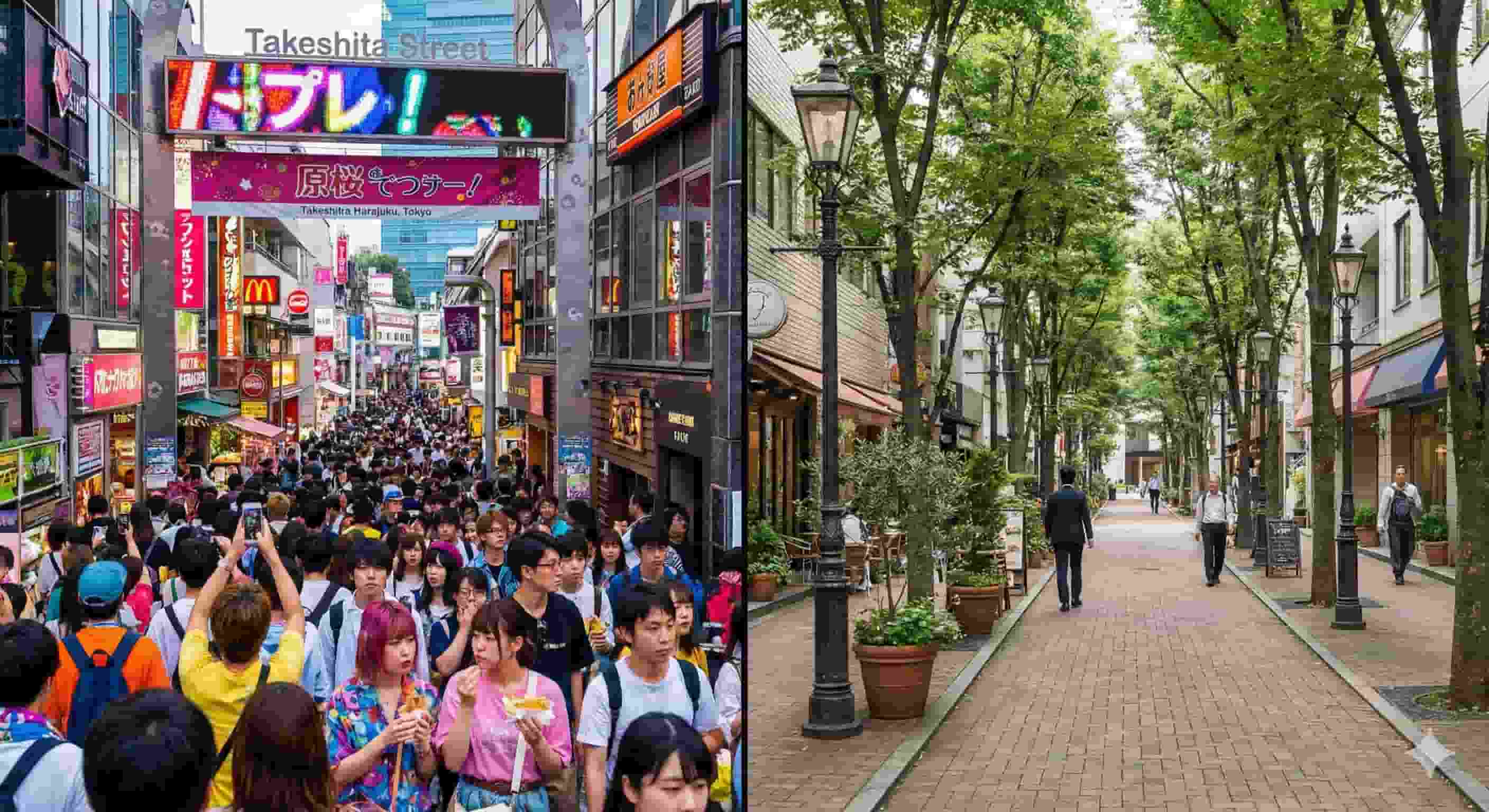 Harajuku Takeshita Street crowds vs quiet Brahms Path backstreet