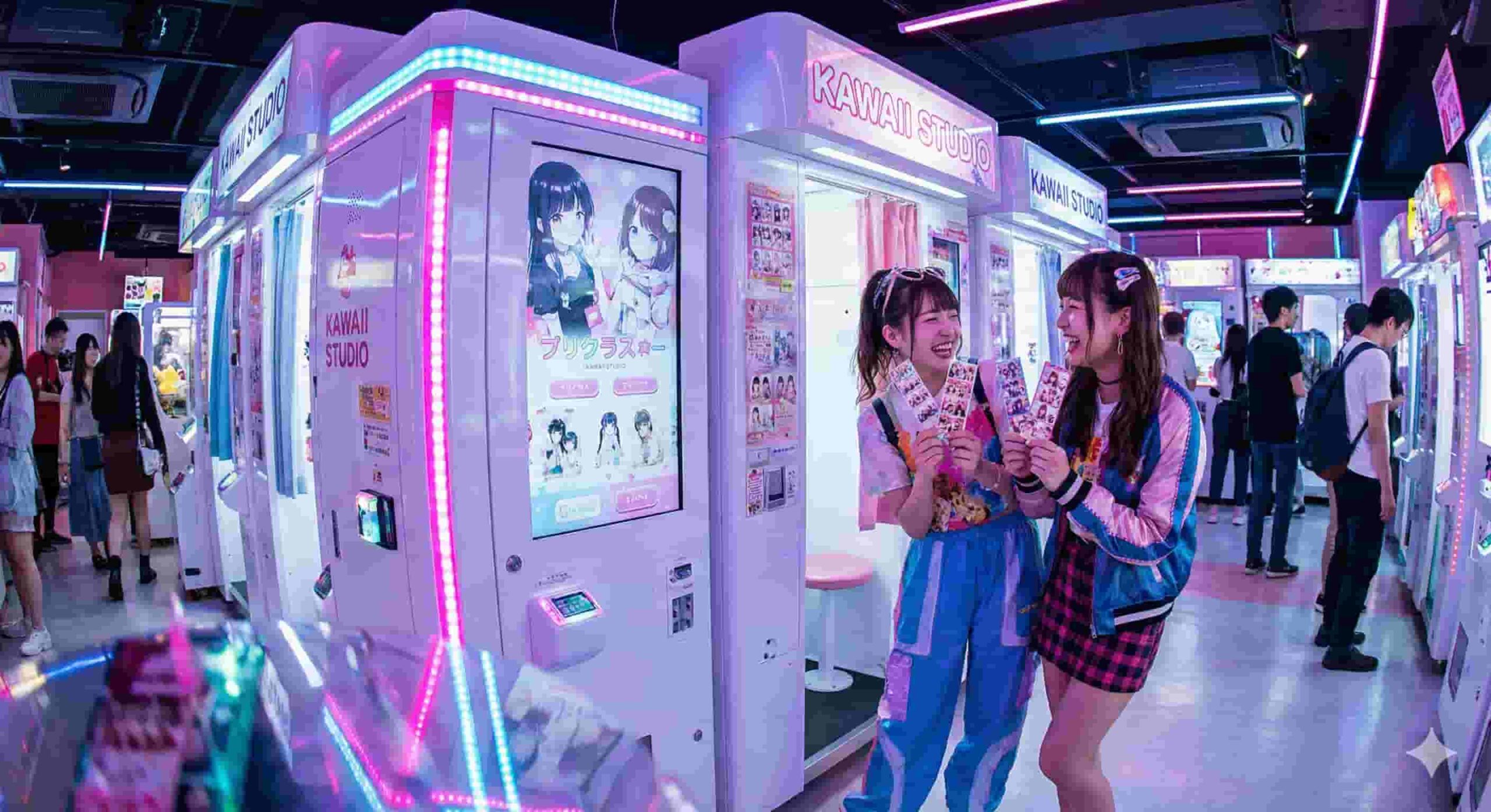 Japanese Purikura machines in Harajuku arcade with neon lights
