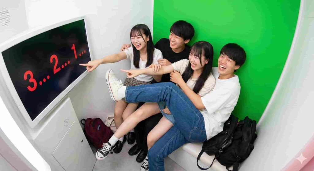 Friends posing inside a green screen Purikura booth