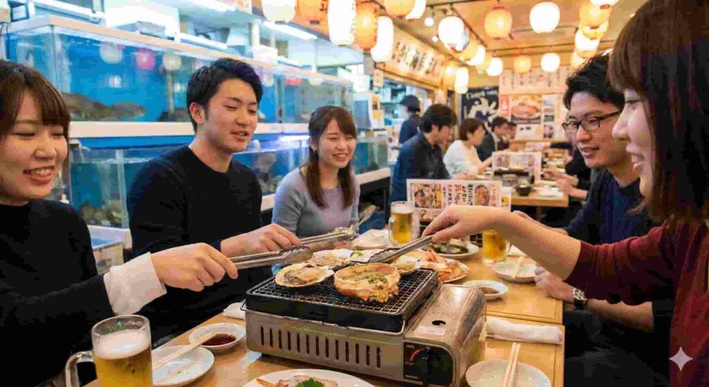 Tourists enjoying Hamayaki style seafood grilling, including scallops and crab miso shell, at a lively Isomaru Suisan izakaya in Tokyo.
