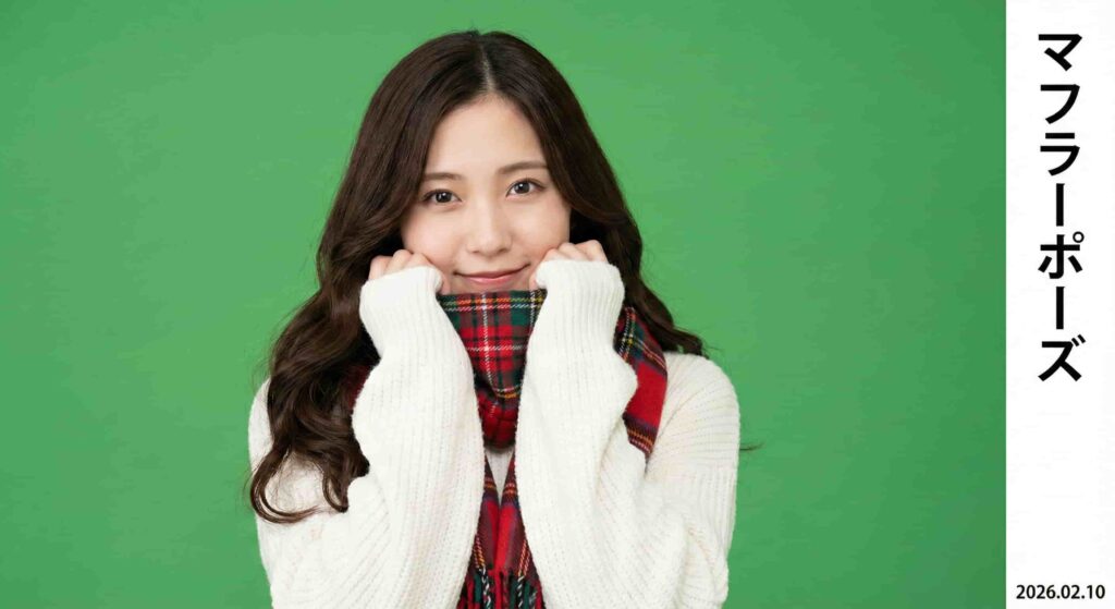 A young woman in a white sweater and red plaid scarf covers her mouth with the scarf in a purikura photo with Japanese text saying "マフラーポーズ".