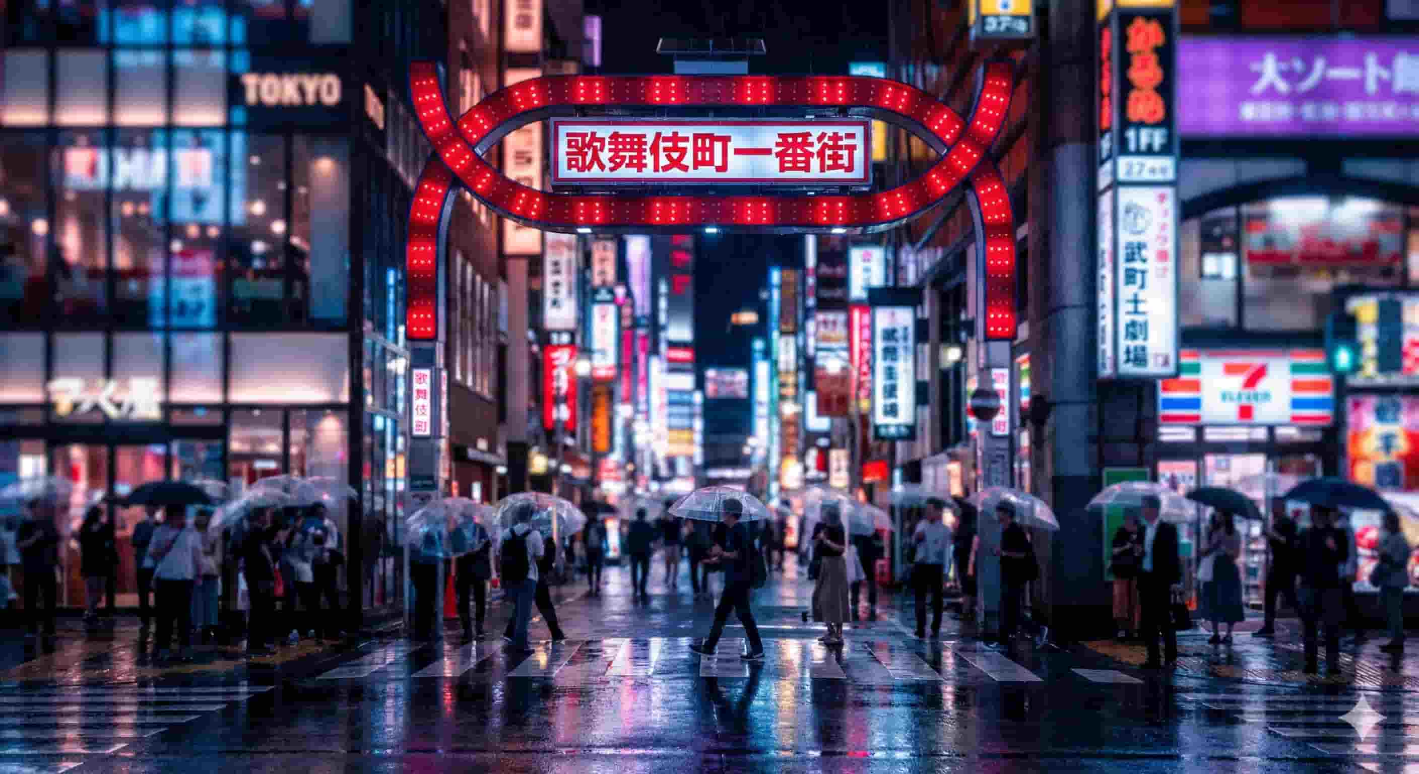 Kabukicho Ichibangai neon archway at night with rain reflections