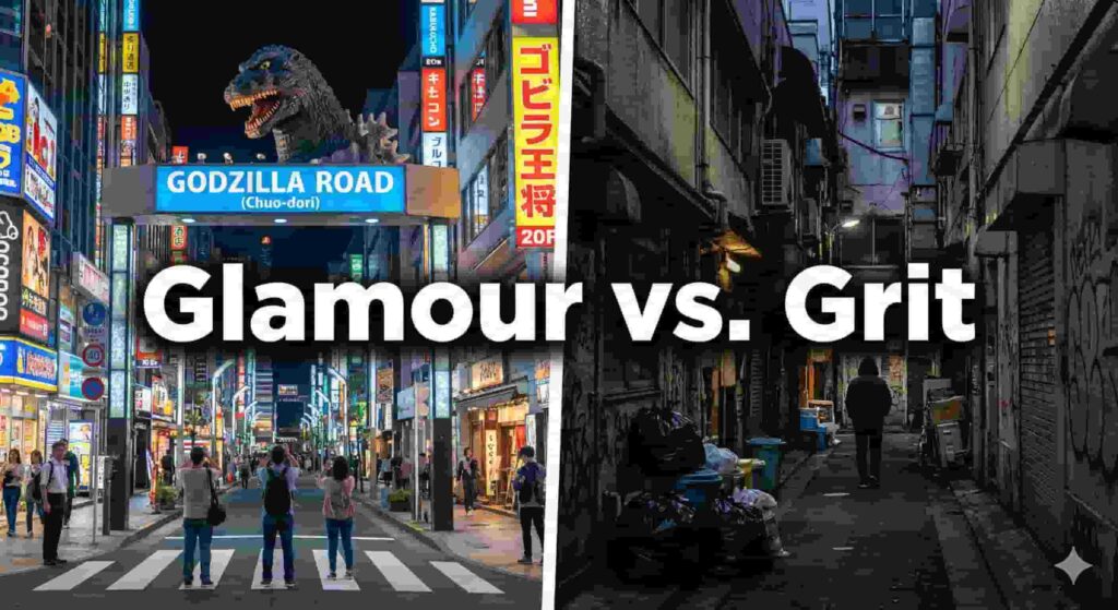Comparison of safe Godzilla Road vs dark Kabukicho alleys