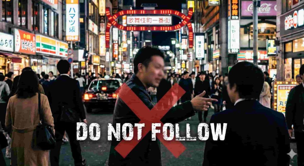 Street scene in Kabukicho at night with safety warning