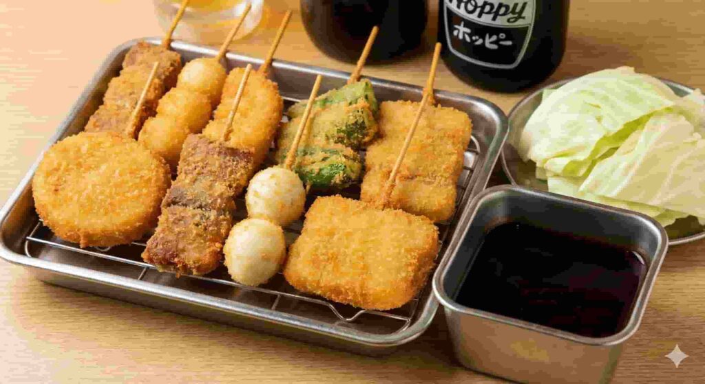 A metal tray filled with assorted golden fried kushikatsu skewers, fresh cabbage, and dipping sauce at Kushikatsu Tanaka izakaya chain.