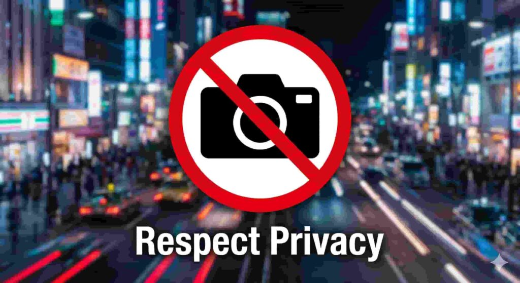 No photography warning sign for ethical tourism in Shinjuku