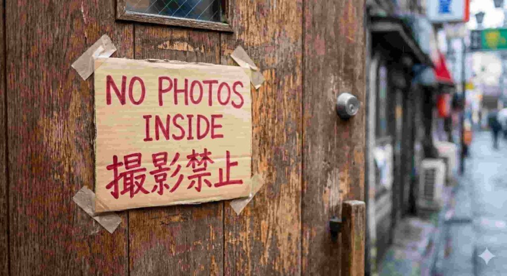 Handwritten "No Photos Inside" sign taped to a weathered wooden door in Shinjuku Golden Gai.