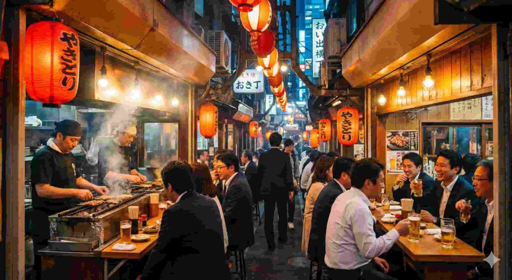 Omoide Yokocho yakitori alley with red lanterns