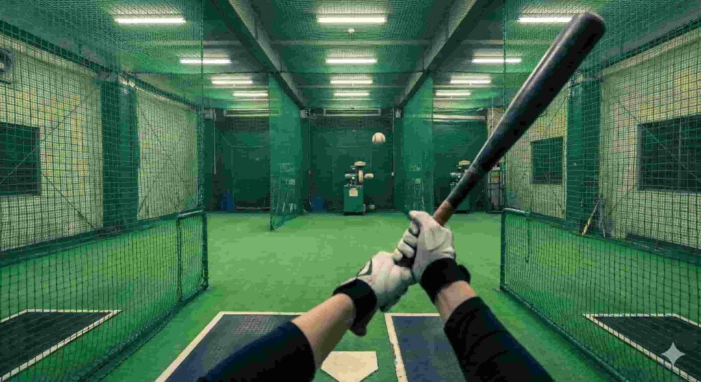 First-person perspective (POV) of a batter holding a baseball bat inside the Oslo Batting Center in Kabukicho, facing a pitching machine like in the Yakuza video games.