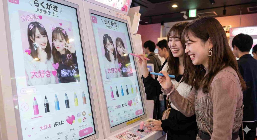 Decorating photos at the Rakugaki station with stylus pens