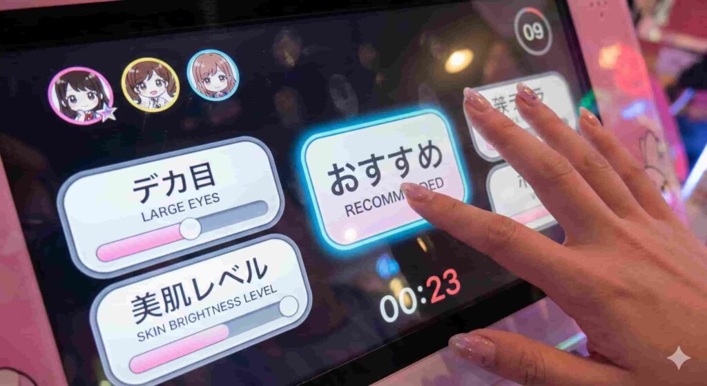 Purikura machine touch screen settings for eye size and skin tone