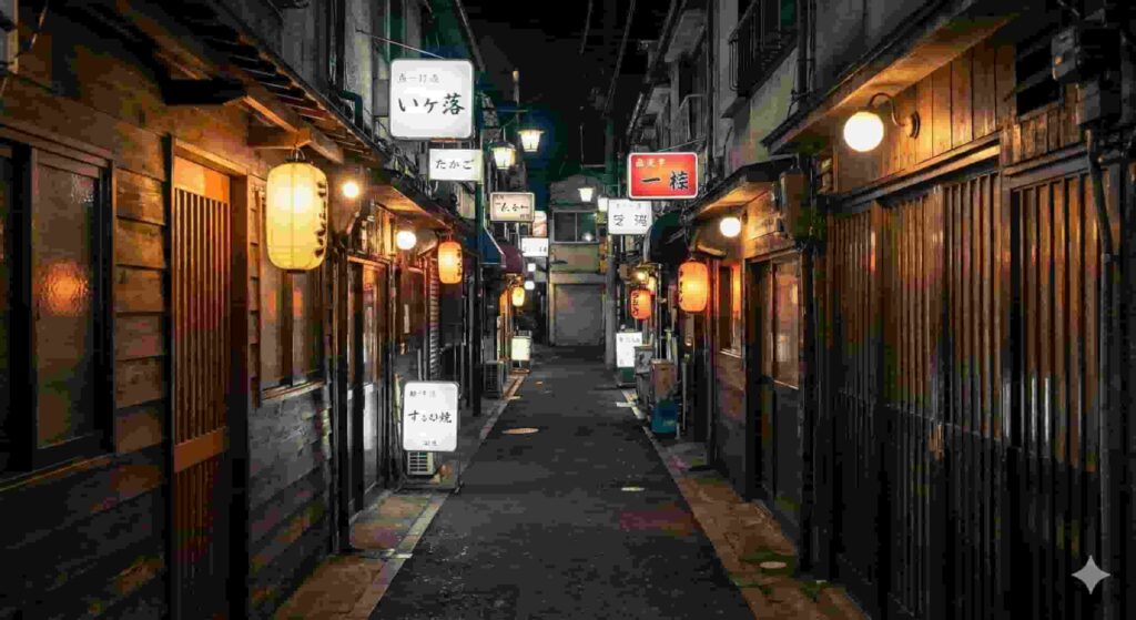 Narrow alleyway in Shinjuku Golden Gai with lanterns and signs, known as the Champion District in Kamurocho.