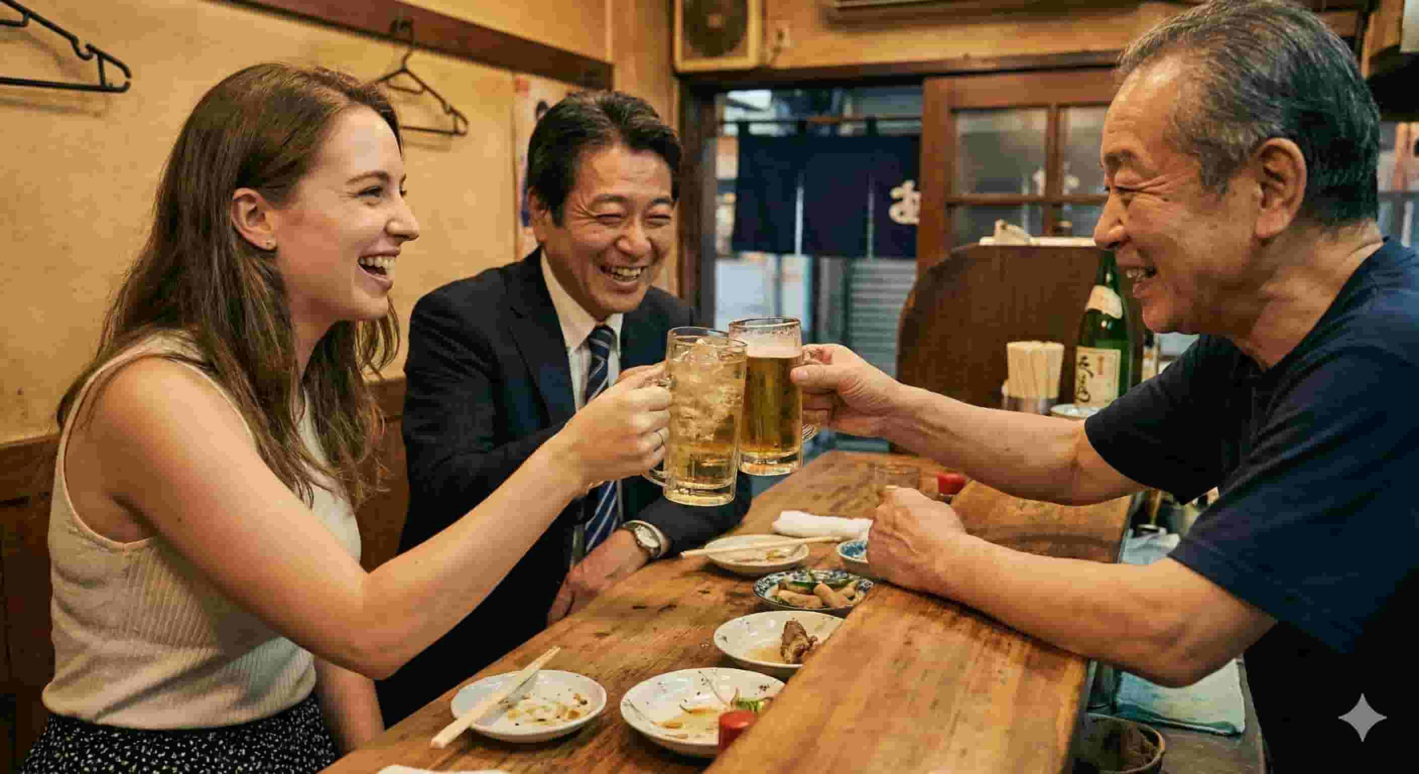 A Western tourist woman, a Japanese salaryman, and an older Japanese bar master smiling and clinking beer mugs in a "kanpai" gesture inside a tiny, authentic Shinjuku Golden Gai bar.