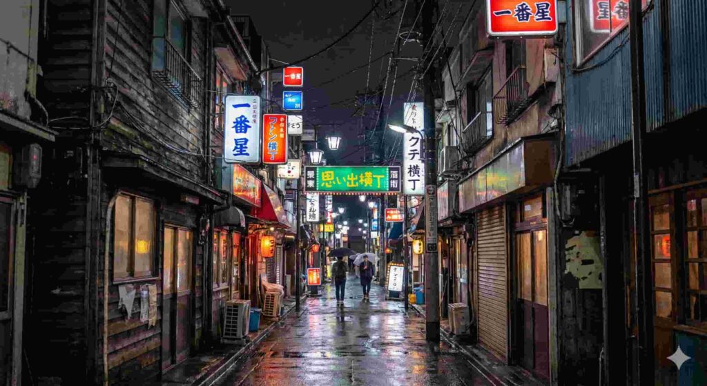 Narrow alleyway in Shinjuku Golden Gai at night with glowing neon signs and Showa retro wooden architecture, showcasing cyberpunk vibes.